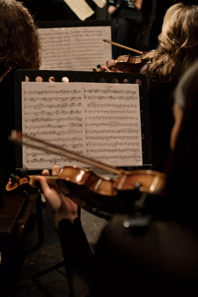 persons playing violin in an orchestra